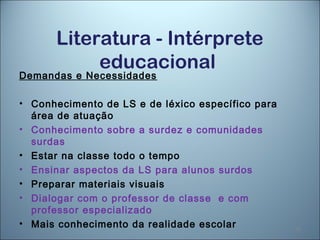 10
Literatura - Intérprete
educacional
Demandas e Necessidades
• Conhecimento de LS e de léxico específico para
área de atuação
• Conhecimento sobre a surdez e comunidades
surdas
• Estar na classe todo o tempo
• Ensinar aspectos da LS para alunos surdos
• Preparar materiais visuais
• Dialogar com o professor de classe e com
professor especializado
• Mais conhecimento da realidade escolar
 