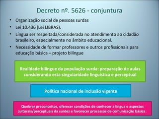 Decreto nº. 5626 - conjuntura
• Organização social de pessoas surdas
• Lei 10.436 (Lei LIBRAS).
• Língua ser respeitada/considerada no atendimento ao cidadão
brasileiro, especialmente no âmbito educacional.
• Necessidade de formar professores e outros profissionais para
educação básica – projeto bilíngue
Quebrar preconceitos, oferecer condições de conhecer a língua e aspectos
culturais/perceptuais da surdez e favorecer processos de comunicação básica.
Política nacional de inclusão vigente
Realidade bilíngue da população surda: preparação de aulas
considerando esta singularidade linguística e perceptual
 