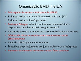 Organização EMEF II e EJA
• Sala regular de ensino + Intérprete de LIBRAS
• 8 alunos surdos no 6º e no 7º ano e 01 no 9º ano (17)
• 8 alunos surdos no EJA (2 por ano)
• Professor Bilíngue: seleção realizada na rede municipal –
responsável pelo Ensino do Português como L2
• Ajustes de projetos e temáticas a serem trabalhados nas turmas
• Oficinas de Libras no contra-turno com Instrutor surdo
(3hs/semanais)
• Aulas de LIBRAS para alunos ouvintes
• Tentativas de planejamento conjunto professores e intérpretes
• Aumento da demanda de alunos surdos: fluxo contínuo
 