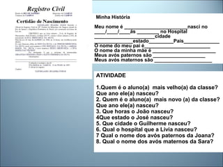Minha História
Meu nome é _______________________nasci no
____/____/____ás ________ no Hospital
______________________cidade
______________estado_________País_____________
O nome do meu pai é________________________
O nome da minha mãe é _______________________
Meus avós paternos são ___________________
Meus avós maternos são _____________________
ATIVIDADE
1.Quem é o aluno(a) mais velho(a) da classe?
Que ano ele(a) nasceu?
2. Quem é o aluno(a) mais novo (a) da classe?
Que ano ele(a) nasceu?
3. Que horas o João nasceu?
4Que estado o José nasceu?
5. Que cidade o Guilherme nasceu?
6. Qual o hospital que a Livia nasceu?
7 Qual o nome dos avós paternos da Joana?
8. Qual o nome dos avós maternos da Sara?
 