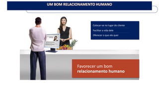 Colocar-se no lugar do cliente 
Facilitar a vida dele 
Oferecer o que ele quer 
Favorecer um bom relacionamento humano  