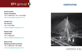 CONTATOS


Sandra Guedes
Diretora Presidente
+55 11 3898-2424 / +55 11 3814-0860
sandra.guedes@crossing-bpi.com.br


Claudia Facci
BPI BRASIL
+55 11 3814-0860
claudia.facci@crossing-bpi.com.br


Beatriz Collor
CROSSING
+55 11 3898-2424
beatriz.collor@crossing-bpi.com.br


Marcus Fiuza
Marketing de Relacionamento
+55 11 3898-2424 / 3814-0860
marcus.fiuza@crossing-bpi.com.br        R. Samuel Morse, 120 | 15º. floor |
                                       04576-060 | São Paulo – SP | Brazil
 