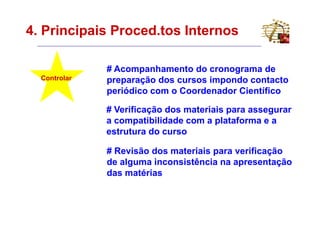 4. Principais Proced.tos Internos

              # Acompanhamento do cronograma de
  Controlar   preparação dos cursos impondo contacto
              periódico com o Coordenador Científico

              # Verificação dos materiais para assegurar
              a compatibilidade com a plataforma e a
              estrutura do curso

              # Revisão dos materiais para verificação
              de alguma inconsistência na apresentação
              das matérias
 