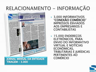 DEPARTAMENTO DE ECONOMIAPESQUISAS E PROJETOSPONTO POSITIVO: MIDIA ESPONTÂNEA E CREDIBILIDADEPESQUISA DE CAMPO COM CONSUMIDORES PARA BUSCAR ÍNDICES E TICKET MÉDIO DE COMPRAS PARA AS DATAS ESPECIAISPESQUISA COM EMPRESÁRIOS PARA APURAR SUAS MAIORES CARÊNCIAS E SUA AVALIAÇÃO SOBRE SEU SINDICATODESENVOLVIMENTO DE PROJETOS PARA O SINDICOMÉRCIO-JF