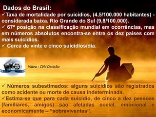 Dados do Brasil:
Taxa de mortalidade por suicídios, (4,5/100.000 habitantes) -
considerada baixa. Rio Grande do Sul (9,8/100.000).
 67ª posição na classificação mundial em ocorrências, mas
em números absolutos encontra-se entre os dez países com
mais suicídios.
 Cerca de vinte e cinco suicídios/dia.
 Números subestimados: alguns suicídios são registrados
como acidente ou morte de causa indeterminada.
Estima-se que para cada suicídio, de cinco a dez pessoas
(familiares, amigos) são afetadas social, emocional e
economicamente – “sobreviventes”.
Vídeo : CVV Decisão
 