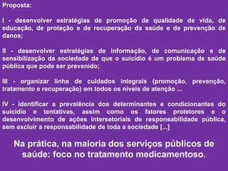 , 2012).Proposta:
I - desenvolver estratégias de promoção de qualidade de vida, de
educação, de proteção e de recuperação da saúde e de prevenção de
danos;
II - desenvolver estratégias de informação, de comunicação e de
sensibilização da sociedade de que o suicídio é um problema de saúde
pública que pode ser prevenido;
III - organizar linha de cuidados integrais (promoção, prevenção,
tratamento e recuperação) em todos os níveis de atenção ...
IV - identificar a prevalência dos determinantes e condicionantes do
suicídio e tentativas, assim como os fatores protetores e o
desenvolvimento de ações intersetoriais de responsabilidade pública,
sem excluir a responsabilidade de toda a sociedade [...]
Na prática, na maioria dos serviços públicos de
saúde: foco no tratamento medicamentoso.
 