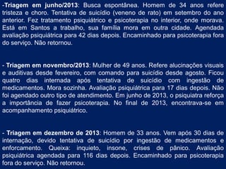 -Triagem em junho/2013: Busca espontânea. Homem de 34 anos refere
tristeza e choro. Tentativa de suicídio (veneno de rato) em setembro do ano
anterior. Fez tratamento psiquiátrico e psicoterapia no interior, onde morava.
Está em Santos a trabalho, sua família mora em outra cidade. Agendada
avaliação psiquiátrica para 42 dias depois. Encaminhado para psicoterapia fora
do serviço. Não retornou.
- Triagem em novembro/2013: Mulher de 49 anos. Refere alucinações visuais
e auditivas desde fevereiro, com comando para suicídio desde agosto. Ficou
quatro dias internada após tentativa de suicídio com ingestão de
medicamentos. Mora sozinha. Avaliação psiquiátrica para 17 dias depois. Não
foi agendado outro tipo de atendimento. Em junho de 2013, o psiquiatra reforça
a importância de fazer psicoterapia. No final de 2013, encontrava-se em
acompanhamento psiquiátrico.
- Triagem em dezembro de 2013: Homem de 33 anos. Vem após 30 dias de
internação, devido tentativa de suicídio por ingestão de medicamentos e
enforcamento. Queixa: inquieto, insone, crises de pânico. Avaliação
psiquiátrica agendada para 116 dias depois. Encaminhado para psicoterapia
fora do serviço. Não retornou.
 