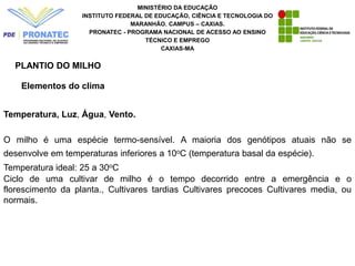 MINISTÉRIO DA EDUCAÇÃO
INSTITUTO FEDERAL DE EDUCAÇÃO, CIÊNCIA E TECNOLOGIA DO
MARANHÃO. CAMPUS – CAXIAS.
PRONATEC - PROGRAMA NACIONAL DE ACESSO AO ENSINO
TÉCNICO E EMPREGO
CAXIAS-MA
PLANTIO DO MILHO
Elementos do clima
Temperatura, Luz, Água, Vento.
O milho é uma espécie termo-sensível. A maioria dos genótipos atuais não se
desenvolve em temperaturas inferiores a 10oC (temperatura basal da espécie).
Temperatura ideal: 25 a 30oC
Ciclo de uma cultivar de milho é o tempo decorrido entre a emergência e o
florescimento da planta., Cultivares tardias Cultivares precoces Cultivares media, ou
normais.
 