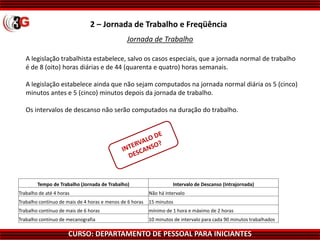 CURSO: DEPARTAMENTO DE PESSOAL PARA INICIANTES
Jornada de Trabalho
A legislação trabalhista estabelece, salvo os casos especiais, que a jornada normal de trabalho
é de 8 (oito) horas diárias e de 44 (quarenta e quatro) horas semanais.
A legislação estabelece ainda que não sejam computados na jornada normal diária os 5 (cinco)
minutos antes e 5 (cinco) minutos depois da jornada de trabalho.
Os intervalos de descanso não serão computados na duração do trabalho.
Tempo de Trabalho (Jornada de Trabalho) Intervalo de Descanso (Intrajornada)
Trabalho de até 4 horas Não há intervalo
Trabalho contínuo de mais de 4 horas e menos de 6 horas 15 minutos
Trabalho contínuo de mais de 6 horas mínimo de 1 hora e máximo de 2 horas
Trabalho contínuo de mecanografia 10 minutos de intervalo para cada 90 minutos trabalhados
2 – Jornada de Trabalho e Freqüência
 
