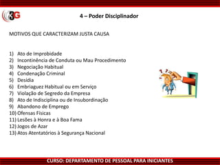 CURSO: DEPARTAMENTO DE PESSOAL PARA INICIANTES
MOTIVOS QUE CARACTERIZAM JUSTA CAUSA
1) Ato de Improbidade
2) Incontinência de Conduta ou Mau Procedimento
3) Negociação Habitual
4) Condenação Criminal
5) Desídia
6) Embriaguez Habitual ou em Serviço
7) Violação de Segredo da Empresa
8) Ato de Indisciplina ou de Insubordinação
9) Abandono de Emprego
10) Ofensas Físicas
11) Lesões à Honra e à Boa Fama
12) Jogos de Azar
13) Atos Atentatórios à Segurança Nacional
4 – Poder Disciplinador
 