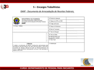 CURSO: DEPARTAMENTO DE PESSOAL PARA INICIANTES
DARF - Documento de Arrecadação de Receitas Federais,
5 – Encargos Trabalhistas
 