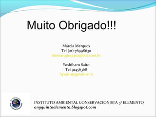 Muito Obrigado!!!
             Márcia Marques
             Tel (21) 76998630
        biomarques2302@bol.com.br

              Yoshiharu Saito
               Tel 91456368
            hysaito@gmail.com




 INSTITUTO AMBIENTAL CONSERVACIONISTA 5º ELEMENTO
 ongquintoelemento.blogspot.com
 