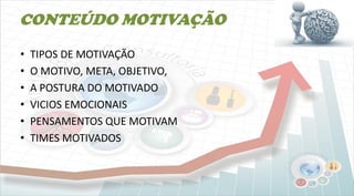 CONTEÚDO MOTIVAÇÃO
• TIPOS DE MOTIVAÇÃO
• O MOTIVO, META, OBJETIVO,
• A POSTURA DO MOTIVADO
• VICIOS EMOCIONAIS
• PENSAMENTOS QUE MOTIVAM
• TIMES MOTIVADOS
 