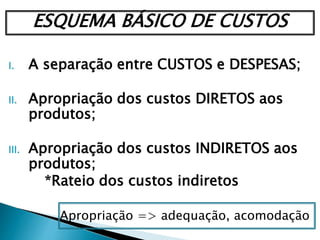 ESQUEMA BÁSICO DE CUSTOS
I. A separação entre CUSTOS e DESPESAS;
II. Apropriação dos custos DIRETOS aos
produtos;
III. Apropriação dos custos INDIRETOS aos
produtos;
*Rateio dos custos indiretos
Apropriação => adequação, acomodação
 