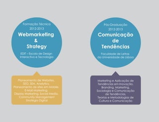 Formação Técnica
2012-2013

Pós-Graduação
2012-2013

Webmarketing
&
Strategy

Comunicação
de
Tendências

EDIT – Escola de Design
Interactivo e Tecnologia

Faculdade de Letras
da Universidade de Lisboa

Planeamento de Websites,
SEO, SEA, Analytics,
Planeamento de sites em Mobile,
E-Mail Marketing,
Display Marketing, Social Media,
Community Management
Stratégia Digital

Marketing e Aplicação de
Tendências em Inovação,
Branding, Marketing,
Sociologia e Comunicação
de Tendências,
Teorias e Metodologias de
Cultura e Comunicação

 