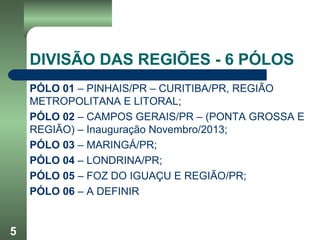5
DIVISÃO DAS REGIÕES - 6 PÓLOS
PÓLO 01 – PINHAIS/PR – CURITIBA/PR, REGIÃO
METROPOLITANA E LITORAL;
PÓLO 02 – CAMPOS GERAIS/PR – (PONTA GROSSA E
REGIÃO) – Inauguração Novembro/2013;
PÓLO 03 – MARINGÁ/PR;
PÓLO 04 – LONDRINA/PR;
PÓLO 05 – FOZ DO IGUAÇU E REGIÃO/PR;
PÓLO 06 – A DEFINIR
 
