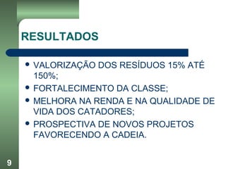 RESULTADOS
 VALORIZAÇÃO DOS RESÍDUOS 15% ATÉ
150%;
 FORTALECIMENTO DA CLASSE;
 MELHORA NA RENDA E NA QUALIDADE DE
VIDA DOS CATADORES;
 PROSPECTIVA DE NOVOS PROJETOS
FAVORECENDO A CADEIA.
9
 