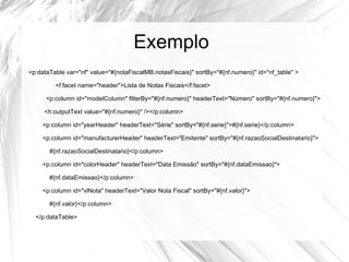 Exemplo
<p:dataTable var="nf" value="#{notaFiscalMB.notasFiscais}" sortBy="#{nf.numero}" id="nf_table" >

         <f:facet name="header">Lista de Notas Fiscais</f:facet>

      <p:column id="modelColumn" filterBy="#{nf.numero}" headerText="Número" sortBy="#{nf.numero}">

     <h:outputText value="#{nf.numero}" /></p:column>

    <p:column id="yearHeader" headerText="Série" sortBy="#{nf.serie}">#{nf.serie}</p:column>

    <p:column id="manufacturerHeader" headerText="Emitente" sortBy="#{nf.razaoSocialDestinatario}">

       #{nf.razaoSocialDestinatario}</p:column>

    <p:column id="colorHeader" headerText="Data Emissão" sortBy="#{nf.dataEmissao}">

       #{nf.dataEmissao}</p:column>

    <p:column id="vlNota" headerText="Valor Nota Fiscal" sortBy="#{nf.valor}">

       #{nf.valor}</p:column>

  </p:dataTable>
 
