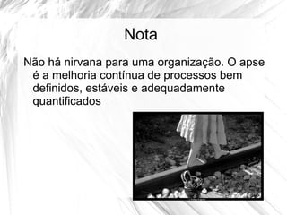 Nota
Não há nirvana para uma organização. O apse
 é a melhoria contínua de processos bem
 definidos, estáveis e adequadamente
 quantificados
 