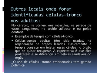 Outros locais onde foram
identificadas células-tronco
nos adultos:
No cérebro, na córnea, nos músculos, na parede de
vasos sanguíneos, no tecido adiposo e na polpa
dentaria.
 Exemplos de terapia com células-tronco.
 Células-tronco adultas têm sido usadas, na
regeneração de órgãos lesados. Basicamente a
terapia consiste em injetar essas células no órgão
que se quiser recuperar. A expectativa é que eles
proliferem e se diferencie em células saudáveis do
órgão.
_O uso de células- tronco embrionárias tem gerado
polêmica.

 