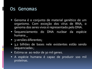 Os Genomas
 Genoma é o conjunto de material genético de um
organismo. Com exceção dos vírus de RNA, o
genoma dos seres vivos é representado pelo DNA.
 Sequenciamento do DNA nuclear da espécie
humana _
 3 versões diferentes;
 3,2 bilhões de bases nele existentes estão sendo
sequenciadas ;
 Estima se ao redor de 30 mil genes.
 A espécie humana é capaz de produzir 100 mil
proteínas.

 