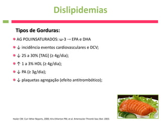 Dislipidemias
  Tipos de Gorduras:
   AG POLIINSATURADOS: ω-3  EPA e DHA
   ↓ incidência eventos cardiovasculares e DCV;
   ↓ 25 a 30% [TAG] (≥ 4g/dia);
   ↑ 1 a 3% HDL (≥ 4g/dia);
   ↓ PA (≥ 3g/dia);
   ↓ plaquetas agregação (efeito antitrombótico);




Hasler CM. Curr Ather Reports, 2000; Kris-Etherton PM, et al. Arterioscler Thromb Vasc Biol. 2003.
 
