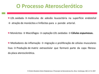 O Processo Aterosclerótico
  LDL oxidada → moléculas de adesão leucocitária na superfície endotelial
→ atração de monócitos e linfócitos para a parede arterial.


  Monócitos → Macrófagos → captação LDL oxidadas → Células espumosas.


  Mediadores da inflamação → migração e proliferação de células musculares
lisas → Produção de matriz extracelular que formará parte da capa fibrosa
da placa aterosclerótica.




                  IV Diretriz Brasileira Sobre Dislipidemias e Prevenção da Aterosclerose.Arq. Bras. Cardiologia, 88(1):2-19, 2007.
 