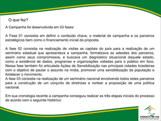 O que fez? A Campanha foi desenvolvida em 03 fases:    A Fase 01 consistia em definir o conteúdo chave, o material de campanha e os parceiros estratégicos bem como o financiamento inicial da proposta.   A fase 02 consistia na realização de visitas as capitais do país para a realização de um seminário estadual que apresentava a campanha, formalizava as adesões dos parceiros, assim como seus compromissos, e buscava um diagnóstico situacional daquele estado, como a existência de dados, programas e organizações voltadas para o público em foco. Nessa fase também foi articulada Ações de Sensibilização nas principais cidades brasileiras com o objetivo de pautar o assunto na mídia, promover uma sensibilização da população e fortalecer o movimento. A fase 03 consistia na realização de um seminário nacional envolvendo todos estes parceiros para a construção de um conjunto de diretrizes a nortear a proposição de uma política nacional.   Em sua cronologia recente a campanha conseguiu realizar as três etapas iniciais do processo de acordo com o seguinte histórico: 