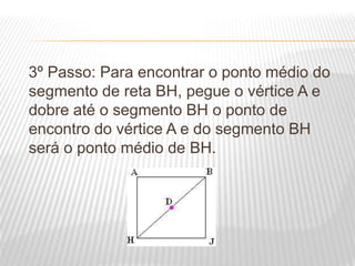 3º Passo: Para encontrar o ponto médio do
segmento de reta BH, pegue o vértice A e
dobre até o segmento BH o ponto de
encontro do vértice A e do segmento BH
será o ponto médio de BH.
 