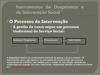 O Processo de Intervenção A gestão de casos segue um processo tradicional do Serviço Social: Avaliação/Diagnóstico  Planeamento  Intervenção O diagnóstico implica um conhecimento profundo da pessoa e do seu contexto. Os instrumentos como o genograma e os eco-mapas são fundamentais não só para a compreensão do problema, mas também para a criação de uma relação, devendo ser construídos em conjunto. Um outro instrumento, amplamente utilizado na América do Norte é o  “ Road-Maps Diagnoses 