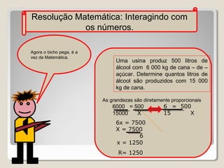 Resolução Matemática: Interagindo com
os números.
Agora o bicho pega, é a
vez da Matemática.

Uma usina produz 500 litros de
álcool com 6 000 kg de cana – de –
açúcar. Determine quantos litros de
álcool são produzidos com 15 000
kg de cana.
As grandezas são diretamente proporcionais

6000 = 500
15000
X
6x = 7500
X = 7500
6
x = 1250
R= 1250

6 = 500
15
X

 