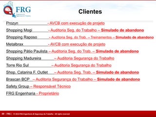 09 - FRG | © 2014 FRG Engenharia & Segurança do Trabalho - All rights reserved
Prozyn - AVCB com execução de projeto
Shopping Mogi - Auditoria Seg. do Trabalho – Simulado de abandono
Shopping Raposo - Auditoria Seg. do Trab. – Treinamentos – Simulado de abandono
Metalbrax - AVCB com execução de projeto
Shopping Pátio Paulista – Auditoria Seg. do Trab. – Simulado de abandono
Shopping Madureira – Auditoria Segurança do Trabalho
Torre Rio Sul – Auditoria Segurança do Trabalho
Shop. Catarina F. Outlet – Auditoria Seg. Trab. – Simulado de abandono
Brascan BCP – Auditoria Segurança do Trabalho – Simulado de abandono
Safety Group – Responsável Técnico
FRG Engenharia - Proprietário
Clientes
 