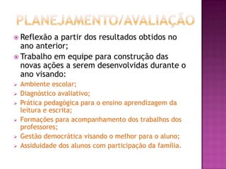 PLANEJAMENTO/AVALIAÇÃOReflexão a partir dos resultados obtidos no ano anterior;Trabalho em equipe para construção das novas ações a serem desenvolvidas durante o ano visando:Ambiente escolar;