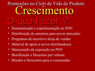 • Demonstração e experimentação no PDV
• Distribuição de amostras para novos mercados
• Programas de incentivo força de vendas
• Material de apoio a novos distribuidores
• Manutenção da exposição no PDV
• Bonificação e Desconto por volume
• Brindes e Descontos para o consumidor
Promoções no Ciclo de Vida do ProdutoPromoções no Ciclo de Vida do Produto
CrescimentoCrescimento
O que f azer ?O que f azer ?
 
