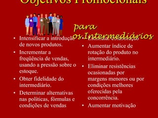 • Intensificar a introdução
de novos produtos.
• Incrementar a
freqüência de vendas,
usando a pressão sobre o
estoque.
• Obter fidelidade do
intermediário.
• Determinar alternativas
nas políticas, fórmulas e
condições de vendas
• Estimular colaboração
• Aumentar índice de
rotação do produto no
intermediário.
• Eliminar resistências
ocasionadas por
margens menores ou por
condições melhores
oferecidas pela
concorrência.
• Aumentar motivação
Objetivos PromocionaisObjetivos Promocionais
parapara
os Intermediáriosos Intermediários
 