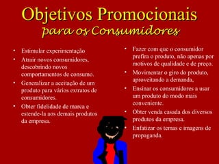 • Estimular experimentação
• Atrair novos consumidores,
descobrindo novos
comportamentos de consumo.
• Generalizar a aceitação de um
produto para vários extratos de
consumidores.
• Obter fidelidade de marca e
estende-la aos demais produtos
da empresa.
• Fazer com que o consumidor
prefira o produto, não apenas por
motivos de qualidade e de preço.
• Movimentar o giro do produto,
aproveitando a demanda,
• Ensinar os consumidores a usar
um produto do modo mais
conveniente.
• Obter venda casada dos diversos
produtos da empresa.
• Enfatizar os temas e imagens de
propaganda.
Objetivos PromocionaisObjetivos Promocionais
para os Consumidorespara os Consumidores
 