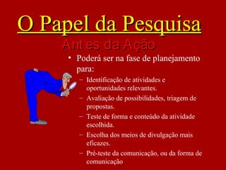 • Poderá ser na fase de planejamento
para:
– Identificação de atividades e
oportunidades relevantes.
– Avaliação de possibilidades, triagem de
propostas.
– Teste de forma e conteúdo da atividade
escolhida.
– Escolha dos meios de divulgação mais
eficazes.
– Pré-teste da comunicação, ou da forma de
comunicação
O Papel da PesquisaO Papel da Pesquisa
Ant es da AçãoAnt es da Ação
 