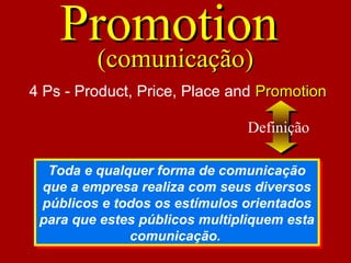 PromotionPromotion
(comunicação)(comunicação)
Toda e qualquer forma de comunicação
que a empresa realiza com seus diversos
públicos e todos os estímulos orientados
para que estes públicos multipliquem esta
comunicação.
Toda e qualquer forma de comunicação
que a empresa realiza com seus diversos
públicos e todos os estímulos orientados
para que estes públicos multipliquem esta
comunicação.
4 Ps - Product, Price, Place and PromotionPromotion
Definição
 