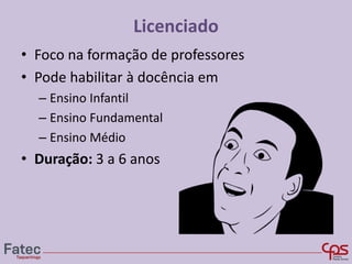 Licenciado
• Foco na formação de professores
• Pode habilitar à docência em
– Ensino Infantil
– Ensino Fundamental
– Ensino Médio
• Duração: 3 a 6 anos
 