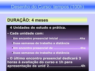 Desenho do Curso: tempos (100h) -  4 Unidades de estudo e prática.  - Cada unidade com: Um encontro presencial inicial ......................4hs Duas semanas de trabalho a distância Um encontro presencial de ............................4hs  Duas semanas de trabalho a distância - O último encontro presencial dedicará 3 horas à avaliação do curso e 1h para apresentação da unid 2............................4h   DURAÇÃO: 4 meses 