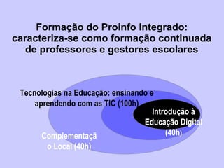 Formação do Proinfo Integrado: caracteriza-se como formação continuada de professores e gestores escolares Tecnologias na Educação: ensinando e aprendendo com as TIC (100h) Introdução à Educação Digital (40h ) Complementação Local (40h) 