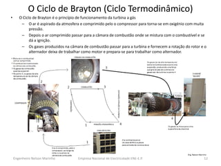 Empresa Nacional de Electricidade ENE-E.P. 
12 
O Ciclo de Brayton (Ciclo Termodinâmico) 
•O Ciclo de Brayton é o princípio de funcionamento da turbina a gás 
–O ar é aspirado da atmosfera e comprimido pelo o compressor para torna-se em oxigénio com muita pressão. 
–Depois o ar comprimido passar para a câmara de combustão onde se mistura com o combustível e se dá a ignição. 
–Os gases produzidos na câmara de combustão passar para a turbina e fornecem a rotação do rotor e o alternador deixa de trabalhar como motor e prepara-se para trabalhar como alternador. 
Engenheiro Nelson Marinho  