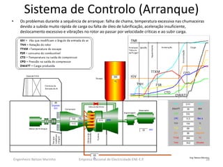 Sistema de Controlo (Arranque) 
Empresa Nacional de Electricidade ENE-E.P. 
28 
•Os problemas durante a sequência de arranque: falha de chama, temperatura excessiva nas chumaceiras devido a subida muito rápida de carga ou falta de óleo de lubrificação, aceleração insuficiente, deslocamento excessivo e vibrações no rotor ao passar por velocidade críticas e ao subir carga. 
Engenheiro Nelson Marinho  