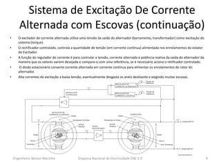 Empresa Nacional de Electricidade ENE-E.P. 
9 
Sistema de Excitação De Corrente Alternada com Escovas (continuação) 
•O excitador de corrente alternada utiliza uma tensão da saída do alternador (barramento, transformador) como excitação do sistema (torque). 
•O rectificador controlado, controla a quantidade de tensão (em corrente contínua) alimentada nos enrolamentos do estator do Excitador. 
•A função do regulador de corrente é para controlar a tensão, corrente alternada e potência reativa da saída do alternador da maneira que os valores variem desejada e compara-o com uma referência, se é necessário aciona o retificador controlado. 
• O diodo estacionário converte corrente alternada em corrente contínua para alimentar os enrolamentos do rotor do alternador. 
•Alta correntes de excitação a baixa tensão, eventualmente desgasta os anéis deslizante e exigindo muitas escovas. 
Engenheiro Nelson Marinho  