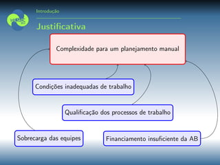Introdução
Justiﬁcativa
Complexidade para um planejamento manual
Condições inadequadas de trabalho
Financiamento insuﬁciente da ABSobrecarga das equipes
Qualiﬁcação dos processos de trabalho
 
