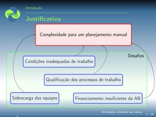 Introdução
Justiﬁcativa
Complexidade para um planejamento manual
Condições inadequadas de trabalho
Financiamento insuﬁciente da ABSobrecarga das equipes
Qualiﬁcação dos processos de trabalho
Desaﬁos
4 / 28
Otimização orientada por metas
 