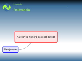 Introdução
Relevância
Auxiliar na melhoria da saúde pública
Planejamento
 