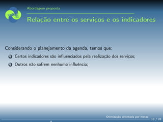 Abordagem proposta
Relação entre os serviços e os indicadores
Considerando o planejamento da agenda, temos que:
1 Certos indicadores são inﬂuenciados pela realização dos serviços;
2 Outros não sofrem nenhuma inﬂuência;
10 / 28
Otimização orientada por metas
 
