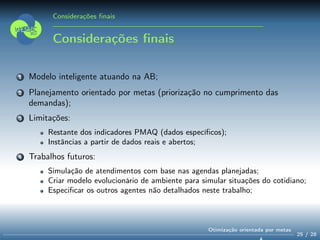 Considerações ﬁnais
Considerações ﬁnais
1 Modelo inteligente atuando na AB;
2 Planejamento orientado por metas (priorização no cumprimento das
demandas);
3 Limitações:
Restante dos indicadores PMAQ (dados especíﬁcos);
Instâncias a partir de dados reais e abertos;
4 Trabalhos futuros:
Simulação de atendimentos com base nas agendas planejadas;
Criar modelo evolucionário de ambiente para simular situações do cotidiano;
Especiﬁcar os outros agentes não detalhados neste trabalho;
25 / 28
Otimização orientada por metas
 