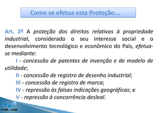 Como se efetua esta Proteção...Art. 2º A proteção dos direitos relativos à propriedade industrial, considerado o seu interesse social e o desenvolvimento tecnológico e econômico do País, efetua-se mediante:  I- concessão de patentes de invenção e de modelo de utilidade;II - concessão de registro de desenho industrial;III- concessão de registro de marca;IV - repressão às falsas indicações geográficas; eV- repressão à concorrência desleal.